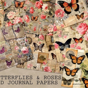Schmetterlinge, Shabby Rosen, Shabby Chic, Floral Junk Journal, Vintage Schmetterling, Junk Journal, Journal Papiere, Vintage Rosen, Neutral Papers