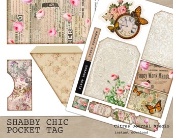 Diario basura Shabby Chic, etiquetas de bolsillo, efímeras de mariposas vintage, kit digital