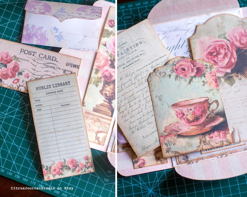 Pu&ograve; includere: Una collezione di efemeridi di carta in stile vintage, tra cui cartoline, schede di biblioteca ed etichette decorative. Gli articoli presentano disegni floreali di rose nei toni del rosa e del crema. Alcuni pezzi hanno testo, tra cui "POST CARD" e "PUBLIC LIBRARY".