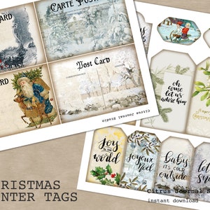 Postales de Navidad, Kit Digital de Diario Basura, Efímera de Navidad, Navidad Vintage, Palabras de Diario, Etiquetas de Navidad, Etiqueta de Santa, Efímera