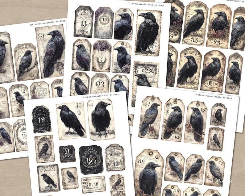 May include: Sheets of vintage-style paper ephemera featuring illustrations of crows and numbers. The tags and labels have a distressed, aged appearance with a muted colour palette of black, grey, and cream. The text "CitrusJournalStudio on Etsy" is visible.