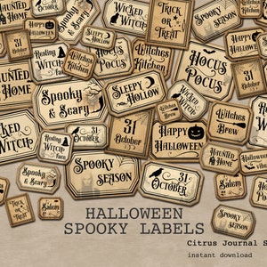 Etiquetas espeluznantes de Halloween, Vintage Scary, Hocus Pocus, Casa embrujada, 31 de octubre, Bruja malvada, Etiquetas digitales, Vintage Halloween, Diario basura