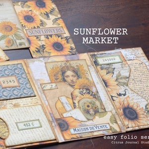Girasoli Folio, Junk Journal Kit, Folio floreale, Tag diario, Tag tascabili, Giallo, Ephemera vintage, Kit digitale, Kit digitale girasoli