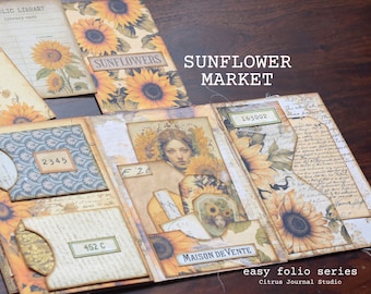 Girasoli Folio, Junk Journal Kit, Folio floreale, Tag diario, Tag tascabili, Giallo, Ephemera vintage, Kit digitale, Kit digitale girasoli