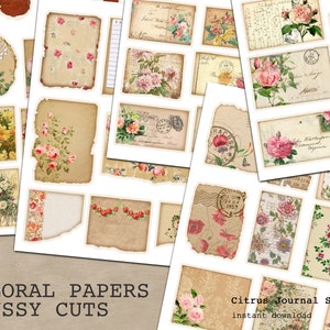 Fussy Cut Floral Papers, Shabby Chic, Roses, Floral Postcard, Vintage Paper, Pink Roses, Ephemera, Junk Journal, Digital Kit, Floral Scraps