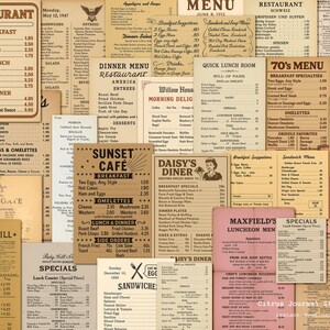 Peut inclure: Un collage de menus de restaurants vintage avec diff&eacute;rents designs et polices. Les menus proposent des options pour le petit-d&eacute;jeuner, le d&eacute;jeuner et le d&icirc;ner, notamment des cr&ecirc;pes, des omelettes et des sandwichs. La palette de couleurs est principalement beige, marron et rose.