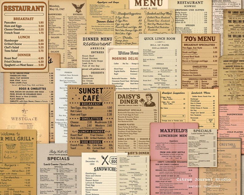 Peut inclure: Un collage de menus de restaurants vintage avec diff&eacute;rents designs et polices. Les menus proposent des options pour le petit-d&eacute;jeuner, le d&eacute;jeuner et le d&icirc;ner, notamment des cr&ecirc;pes, des omelettes et des sandwichs. La palette de couleurs est principalement beige, marron et rose.