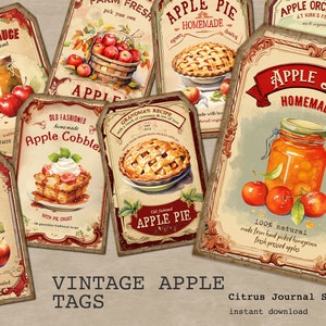 Etiquetas de maçã, etiquetas de lixo eletrônico, etiquetas vintage, torta de maçã, pomar de maçã, etiquetas digitais, molho de maçã, etiquetas digitais, etiquetas de diário, sapateiro de maçã