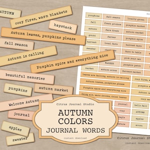 May include: An assortment of autumn-themed journal words on rectangular tags in beige and peach hues. Phrases include "Autumn," "Pumpkin spice," and "Fall season." A sheet of related words is also visible.