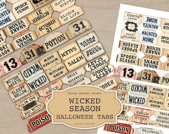 Halloween Junk Journal Tabs, Spooky Season Tabs, Vintage Halloween, October 31, Wicked Season, Halloween Quotes, Haunted Home Printable Tabs