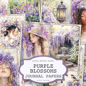 Lila Junk Journal Kit, Frühling Junk Journal, Junk Journal Kit, Blumen Postkarten, Lila Blüten, Frühling Ephemera, Lila Blumen Journal