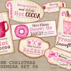 Pink Christmas, Christmas Ephemera, Christmas Sign,  Christmas Fussy Cut, Junk Journal, Christmas Labels, Hot Cocoa Sign, Christmas Bakery