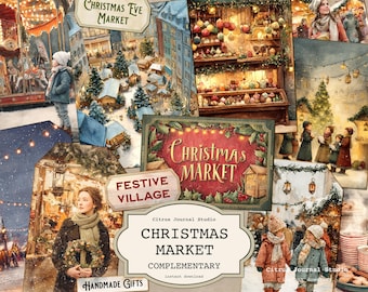 Christmas Market Ephemera, Holiday Tags, Winter Junk Journal Insert, Holly Pockets