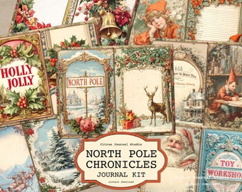 Pode incluir: Uma coleção de páginas de kit de diário de Natal em estilo vintage. As imagens apresentam ilustrações do Papai Noel, elfos, renas e cenas de inverno com os textos "Holly Jolly", "North Pole" e "Toy Workshop".