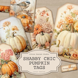 Etiquetas de calabaza, Etiquetas Shabby Chic, Diario basura, Etiquetas de diario, Pájaro vintage, Etiquetas digitales, Etiquetas de otoño, Temporada de otoño, Rosas Shabby Chic, Floral
