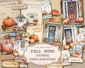 Könnte beinhalten: Eine Collage aus Aquarellillustrationen mit Kürbissen, Türen und Herbstblättern. Der Text enthält "Fall Home Journal Complementary" und "Pumpkin Season". Die Farbpalette ist warm mit Orange-, Braun- und Beigetönen.