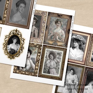 Puede incluir: Un conjunto de hojas de collage digital imprimibles con retratos vintage de mujeres en marcos dorados ornamentados. Las im&aacute;genes son en blanco y negro y tienen una est&eacute;tica vintage. El texto "Citrus Journal Studio" aparece en las hojas.