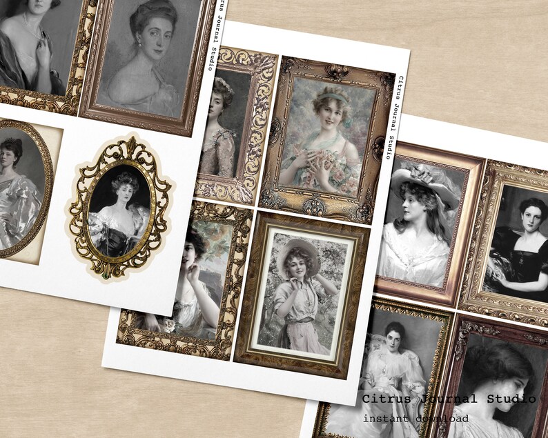 Puede incluir: Un conjunto de hojas de collage digital imprimibles con retratos vintage de mujeres en marcos dorados ornamentados. Las im&aacute;genes son en blanco y negro y tienen una est&eacute;tica vintage. El texto "Citrus Journal Studio" aparece en las hojas.