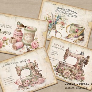 Puede incluir: Cuatro tarjetas imprimibles de estilo vintage con ilustraciones sobre el tema de la costura. Las tarjetas presentan una m&aacute;quina de coser, carretes de hilo, tijeras y una cinta m&eacute;trica. Las tarjetas est&aacute;n decoradas con rosas rosas y tienen un aspecto vintage y desgastado.