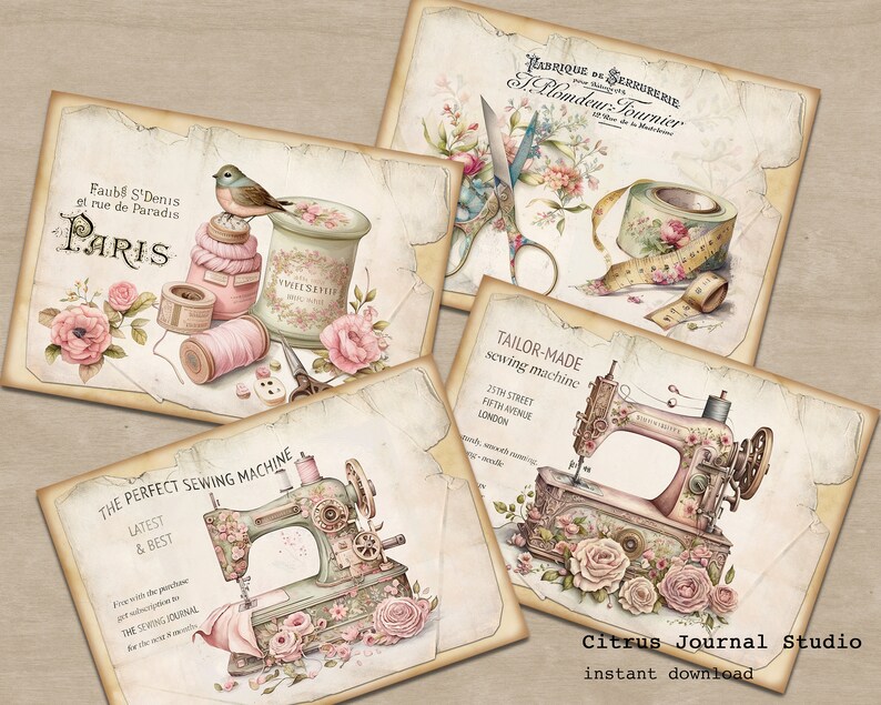 Puede incluir: Cuatro tarjetas imprimibles de estilo vintage con ilustraciones sobre el tema de la costura. Las tarjetas presentan una m&aacute;quina de coser, carretes de hilo, tijeras y una cinta m&eacute;trica. Las tarjetas est&aacute;n decoradas con rosas rosas y tienen un aspecto vintage y desgastado.