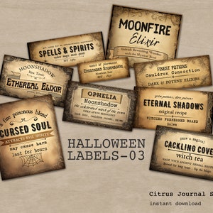 Halloween Labels, Vintage Ephemera, Witch Potion Labels, Digital Labels, Vintage Halloween, Junk Journal, Apothecary Labels, Bottle Elixirs