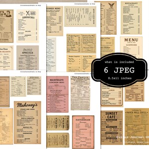 Peut inclure: Plusieurs menus de restaurants vintage, pr&eacute;sentant divers designs et mises en page. Les menus pr&eacute;sentent diff&eacute;rents restaurants, avec des options pour le petit-d&eacute;jeuner, le d&eacute;jeuner et le d&icirc;ner. L'image comprend le texte "what is included 6 JPEG 21.59x27.94 cm".