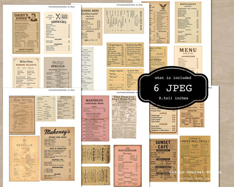 Peut inclure: Plusieurs menus de restaurants vintage, pr&eacute;sentant divers designs et mises en page. Les menus pr&eacute;sentent diff&eacute;rents restaurants, avec des options pour le petit-d&eacute;jeuner, le d&eacute;jeuner et le d&icirc;ner. L'image comprend le texte "what is included 6 JPEG 21.59x27.94 cm".