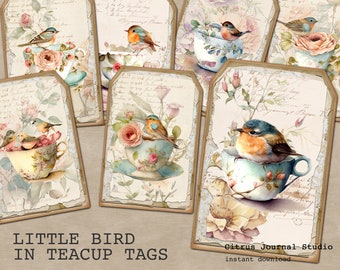 Junk Journal Tags, Vintage Ephemera, Birds, Shabby Chic, Teacup, Floral, Roses, Digital Tags, Printable Ephemera, Spring Tag, Bird in Teacup