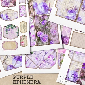 Purple Ephemera, Junk Journal Kit, Floral Ephemera, Junk Journaling, Digital Kit, Embellishments, Collage Sheets, Pocket Tags, Journal Tags