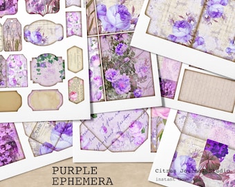 May include: Purple floral digital paper pack with various designs including tags, envelopes, and patterned backgrounds. The paper pack is perfect for scrapbooking, card making, and other paper crafts.