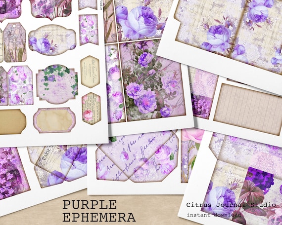 Purple Ephemera, Junk Journal Kit, Floral Ephemera, Junk Journaling, Digital Kit, Embellishments, Collage Sheets, Pocket Tags, Journal Tags