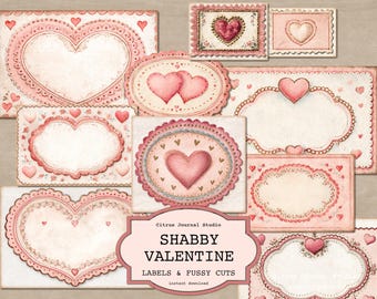 Valentines Day Labels, Shabby Chic Pink Junk Journal Fussy Cuts, Heart Romantic Ephemera