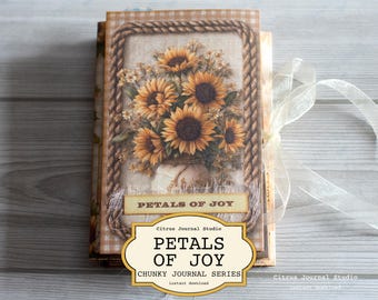 May include: A handmade journal with a sunflower design. The cover features a bouquet of sunflowers in a vase, framed by a rope border. The journal is titled "Petals of Joy" and is part of the "Chunky Journal Series."