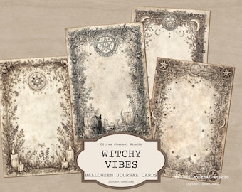 Halloween Journaling Cards, Witchy Vintage Ephemera, Spooky Cat Journal Inserts, Gothic Halloween Junk Journal, Dark Aesthetic Stationery