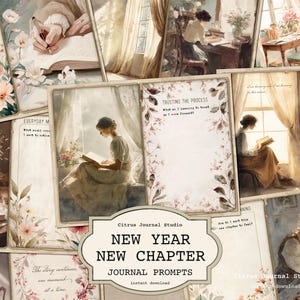 May include: A collage of vintage-style journal pages with watercolor illustrations of women reading and writing. The central image features the text "NEW YEAR NEW CHAPTER JOURNAL PROMPTS" in a decorative banner. Floral and botanical elements frame the pages.