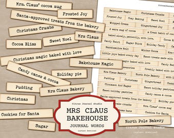 Mrs. Claus Bakery Junk Journal Words, Christmas Word Labels