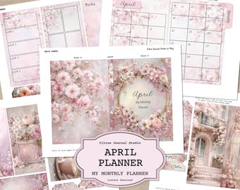 2026 Monthly Planner Kit, April Junk Journal Book, Spring Pink Ephemera, Cherry Blossom Tags