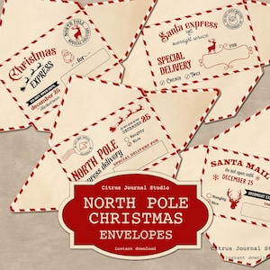 Sobres del Polo Norte, sobres navideños, sobres de correo de Santa Claus, correo navideño, Reindeer Express, Navidad vintage, envío especial de Navidad