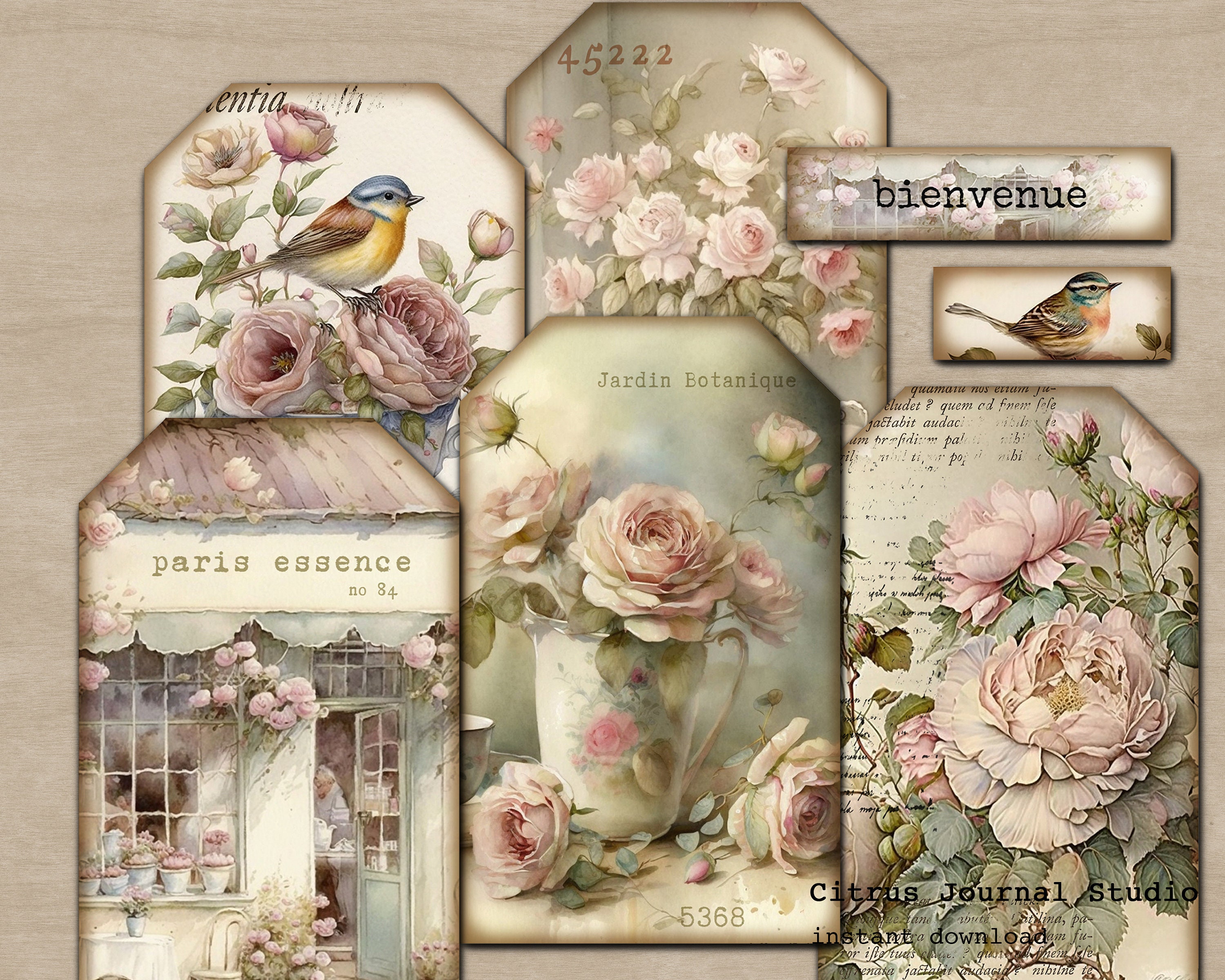 Shabby Chic Tags, Junk Journal, Journal Tags, Journal Insert, Rose Tags ...