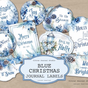 Etiquetas navideñas, etiquetas de invierno, etiquetas navideñas azules, etiqueta Merry & Bright, Let It Snow, etiquetas Noel, etiqueta Holly Jolly
