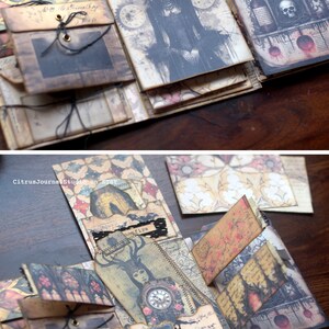 May include: A multi-layered, handmade journal with a dark, gothic aesthetic. The journal features various textures, patterns, and images, including a woman with a crown of thorns, a skull, and a clock. The journal is decorated with black lace and has a vintage feel.