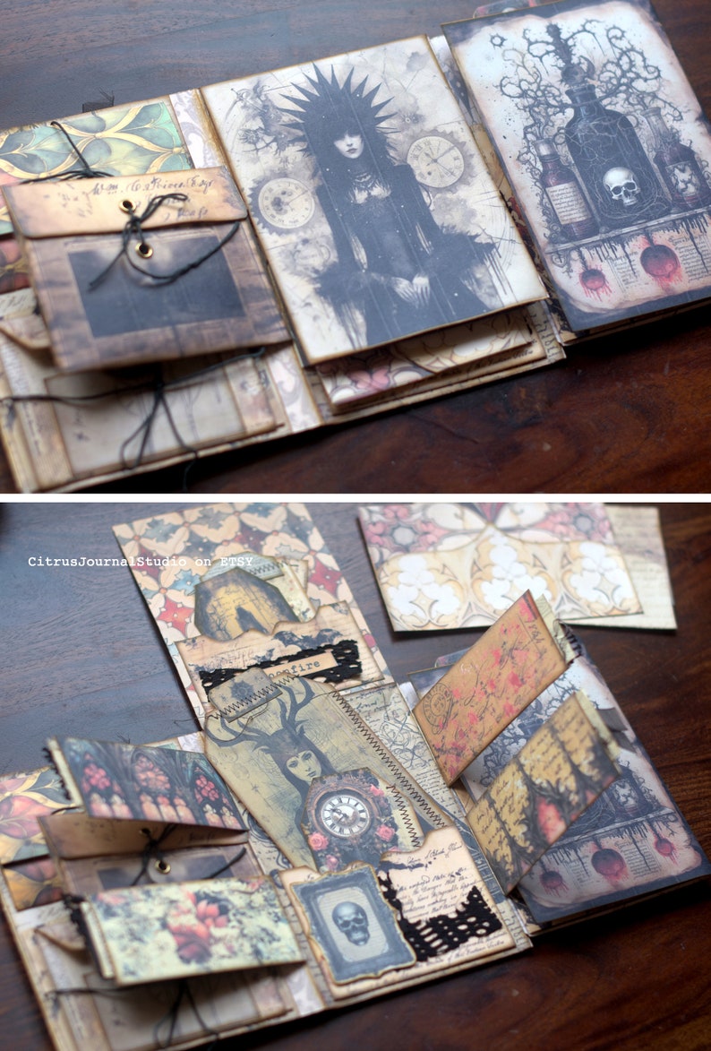 May include: A multi-layered, handmade journal with a dark, gothic aesthetic. The journal features various textures, patterns, and images, including a woman with a crown of thorns, a skull, and a clock. The journal is decorated with black lace and has a vintage feel.