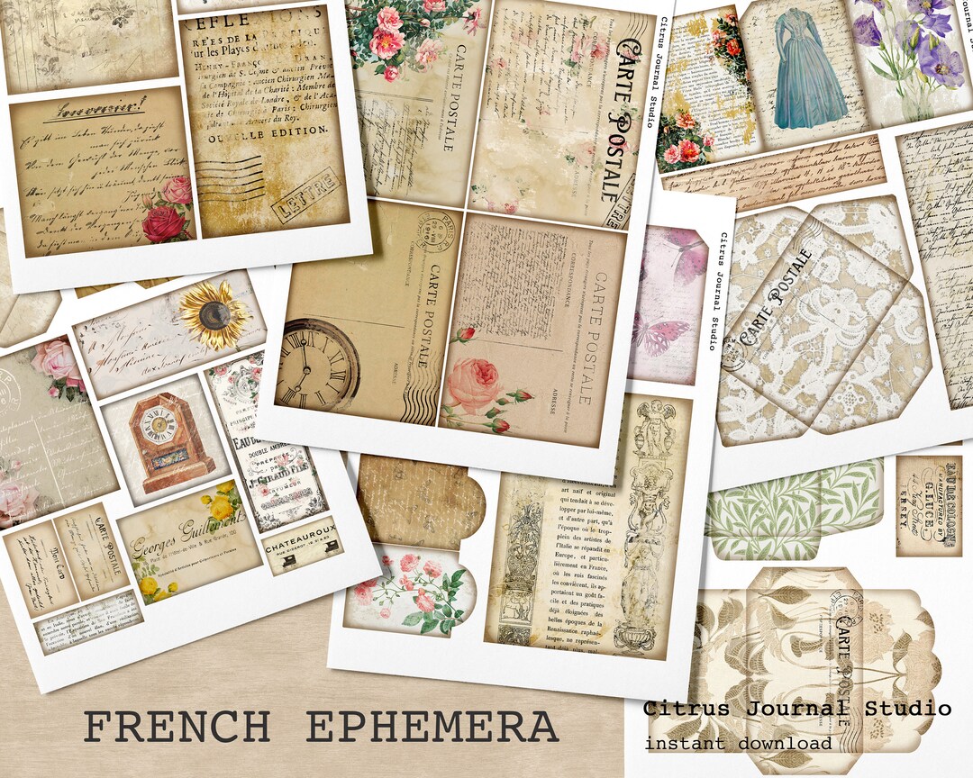 French Ephemera, Postcards, Junk Journal Kit, Journal Insert, Collage ...