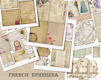 French Ephemera, Postcards, Junk Journal Kit, Journal Insert, Collage Sheet, Journal Tags, Ephemera, French Journaling, French Scrapbooking