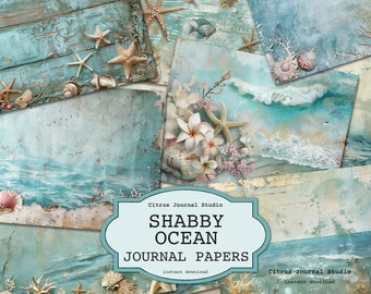 May include: A set of digital papers featuring a shabby chic ocean theme. The papers include images of seashells, starfish, waves, and flowers. The papers are perfect for scrapbooking, card making, and other crafting projects.