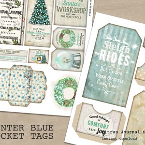 Étiquette de poche de Noël, étiquettes chargées de Noël, Shabby Chic, Noël bleu, kit de journal indésirable, éphémères imprimables, étiquettes de journal, arbre de Noël