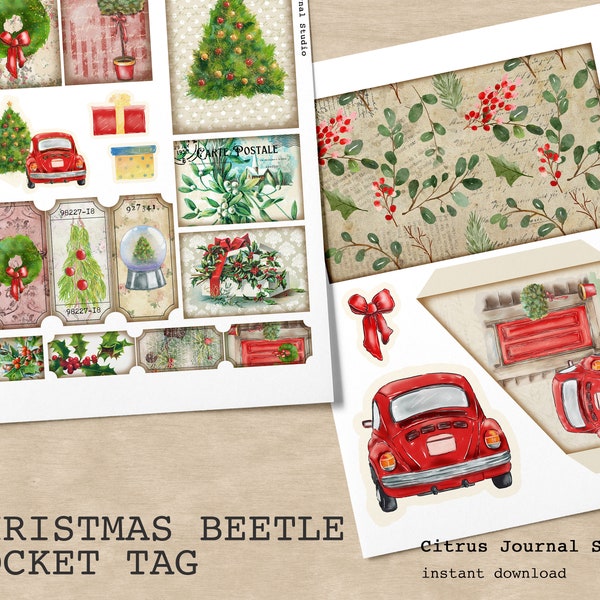 Junk Journaling, Pocket Tags, Christmas Tag, Ephemera, Christmas Tree Tag, Journal Tags, Loaded Pocket Tags, Red Beetle, Xmas Gift Mistletoe