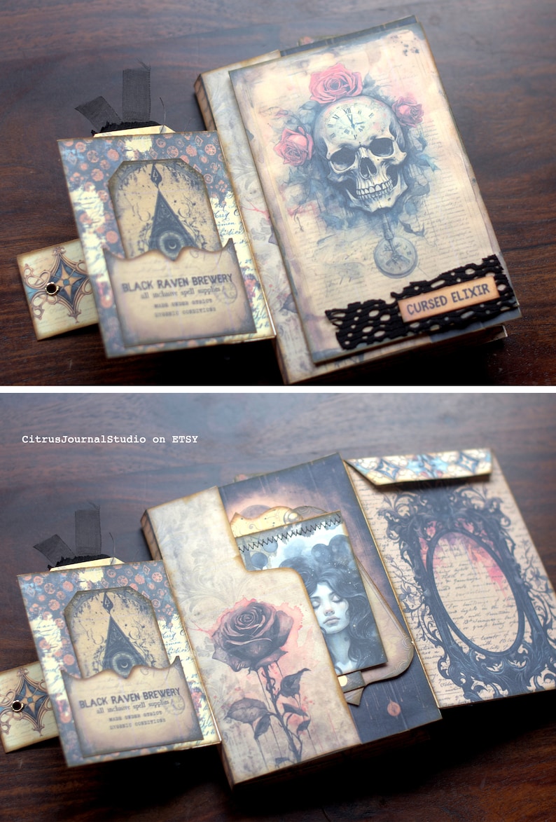 May include: A handmade, multi-layered, paper journal with a vintage aesthetic. The cover features a skull with a clock face, roses, and the text "Cursed Elixir". The inside pages feature a black rose, a woman's face, and a black raven brewery logo.