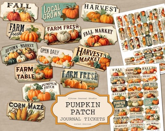 Pumpkin Patch Tickets, Vintage Pumpkin Ephemera, Farm Fresh Pumpkins Labels, Digital Tickets, Rustic Fall Tickets, Autumn Junk Journal