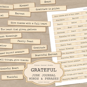 Autumn Phrases Junk Journal, Gratitude Word Snippets Printable, Thanksgiving Labels, Harvest Journal Words, Blessed Ephemera, Fall Journals